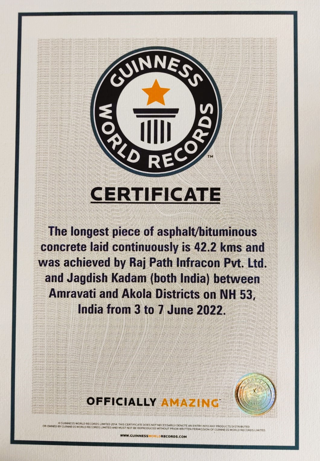 Guinness World Records Certificate