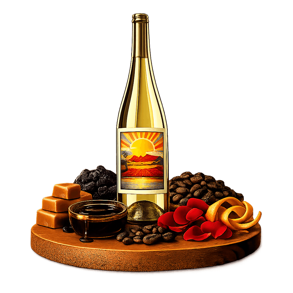 Artistic label and flavor profile for Australian Rutherglen Muscat on a rustic wooden table.