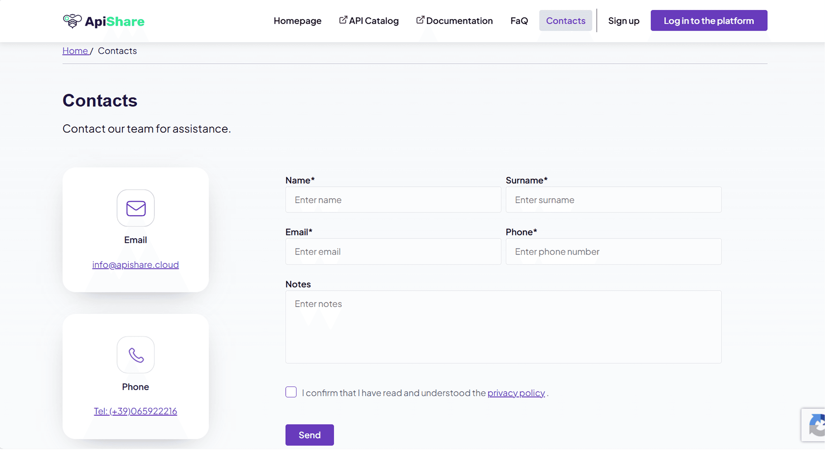 Public showcase contacts page with email, phone and the contact form