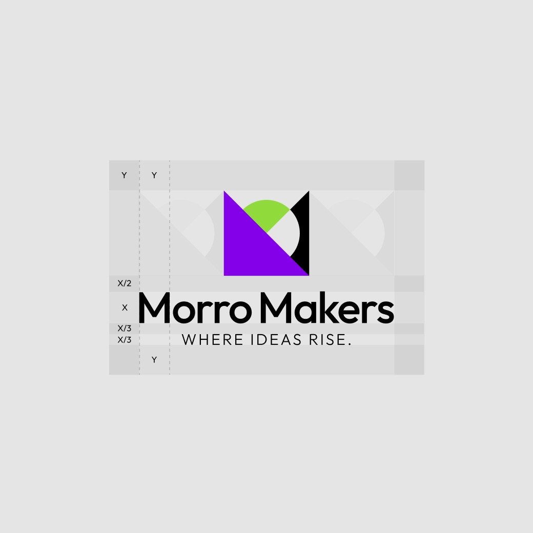 Construction grids for the Morro Makers logo, showing the geometric precision of the design.