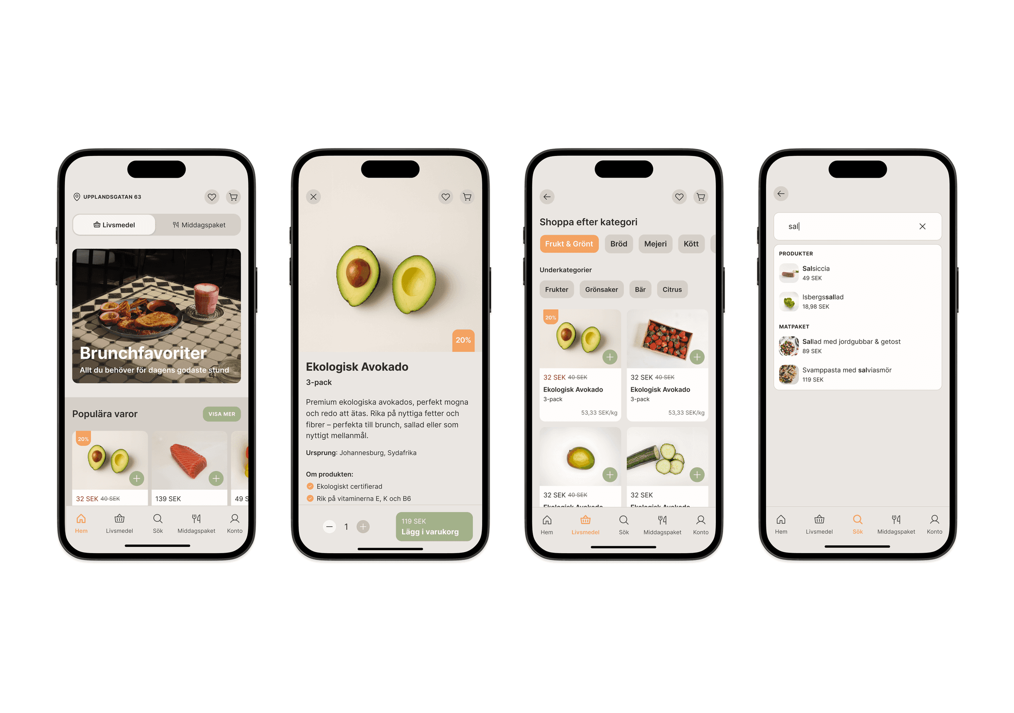 Four mobile screens from the Crave Club app showing start page, detailed avocado view, category shopping, and search results