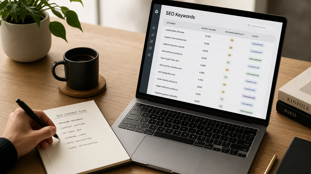 A clean, professional workspace displaying structured SEO keyword lists on a laptop and paper.
