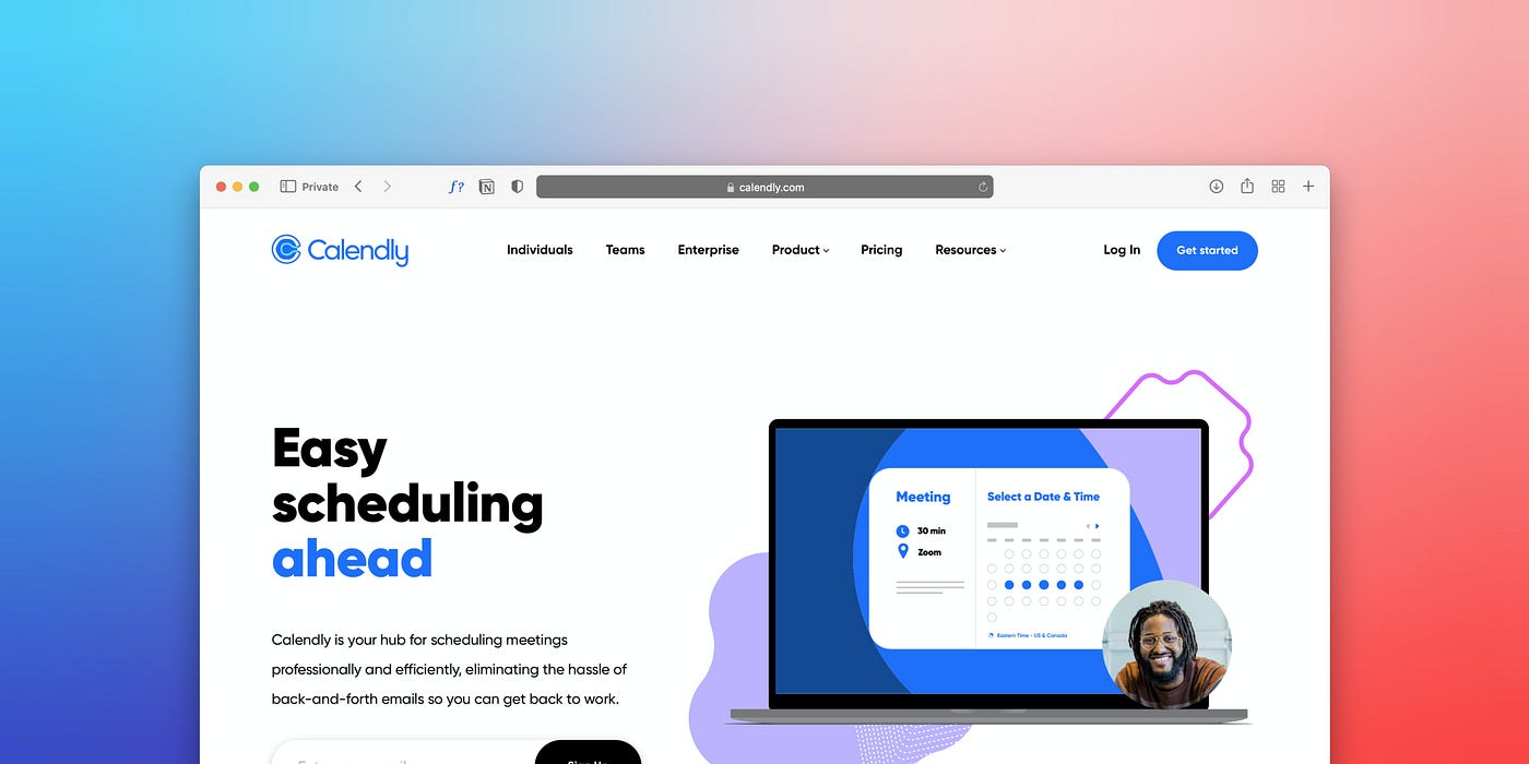 A screenshot of a Calendly Webpage on a laptop screen, displaying a user interface mockup illustrating the booking process with options to select date and time.