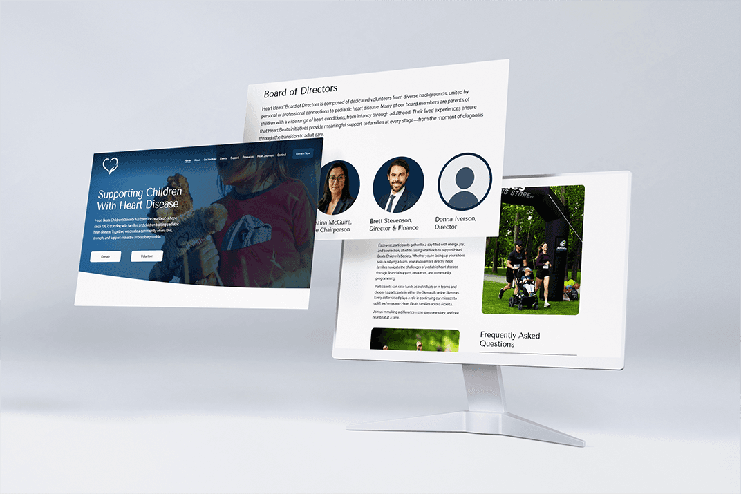 Floating desktop screen panels showing different sections of the Heart Beats Children’s Society website, including homepage hero image, board of directors bios, and family-focused community event photos.