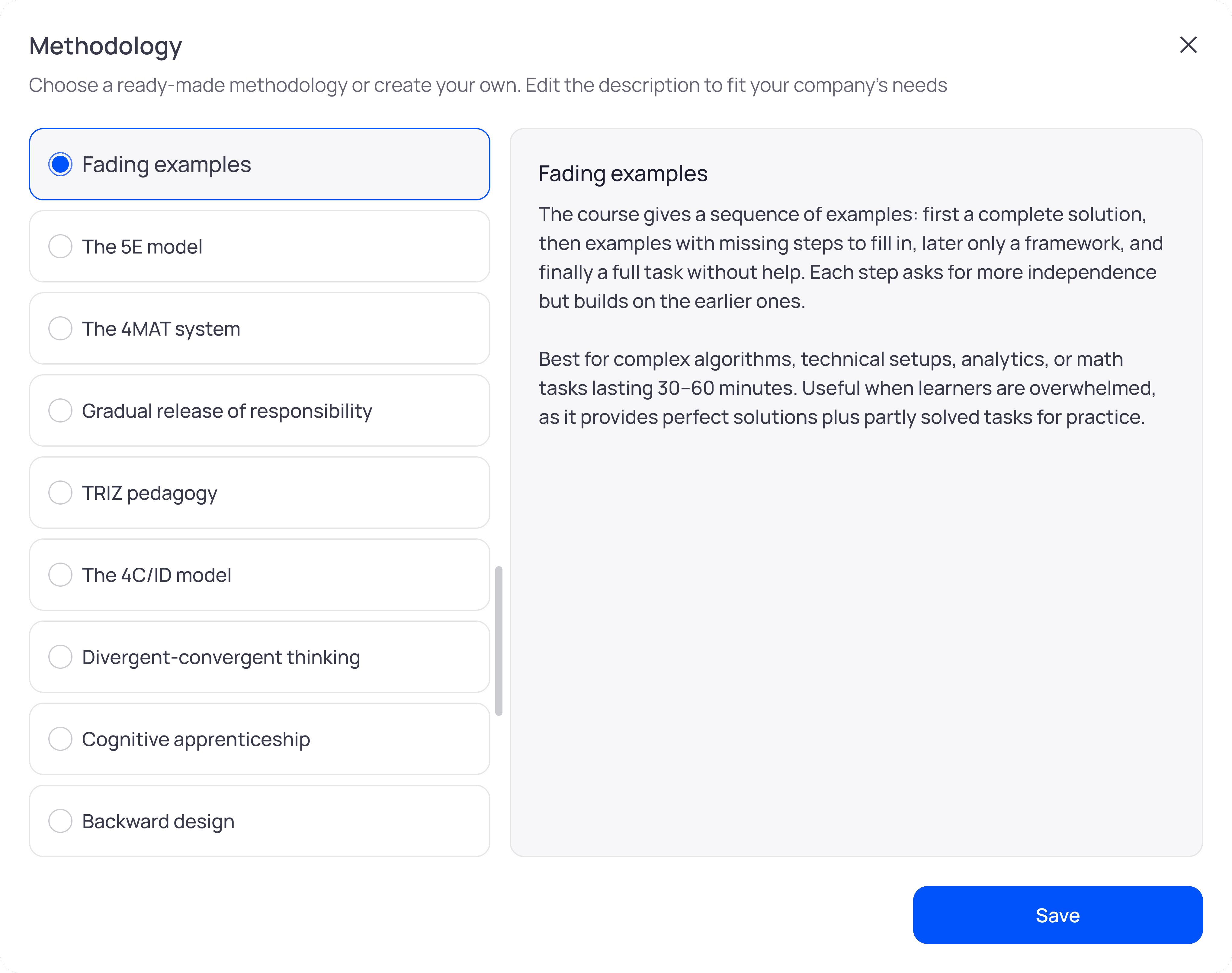 Instructional methodology selection screen in an AI course creator, showing available learning models such as Fading Examples and 4C/ID.