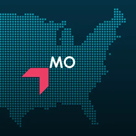 Map highlighting Missouri with a red arrow, representing GIA Group, LLC truck insurance coverage area.