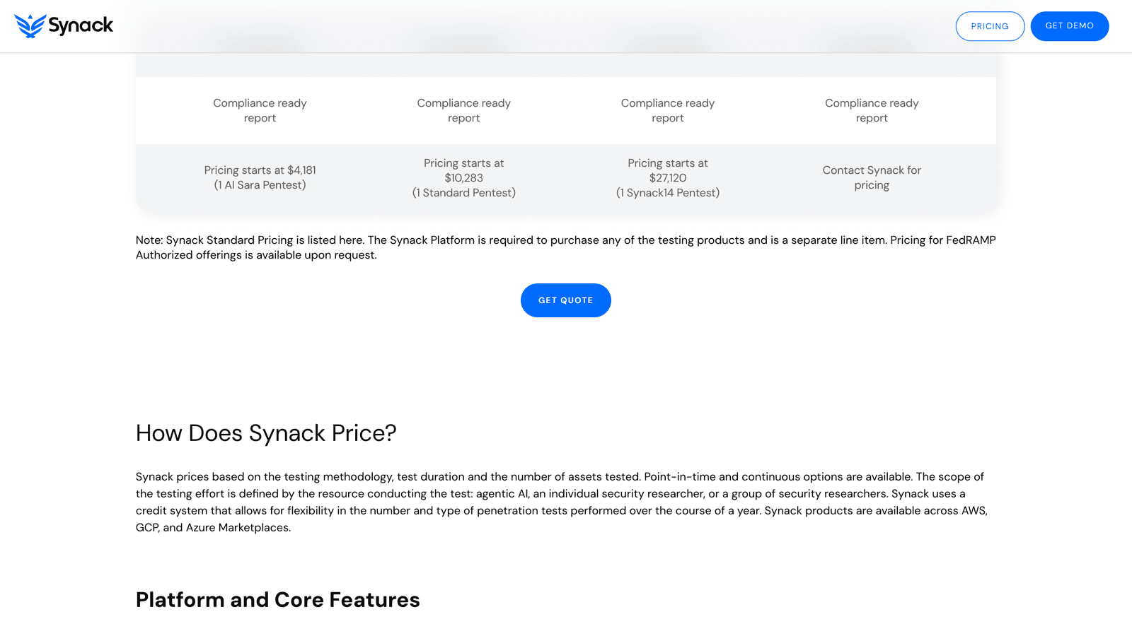 Synack pricing page showing starting prices of 4,181 dollars, 10,283 dollars, and 27,120 dollars for its pentest tiers