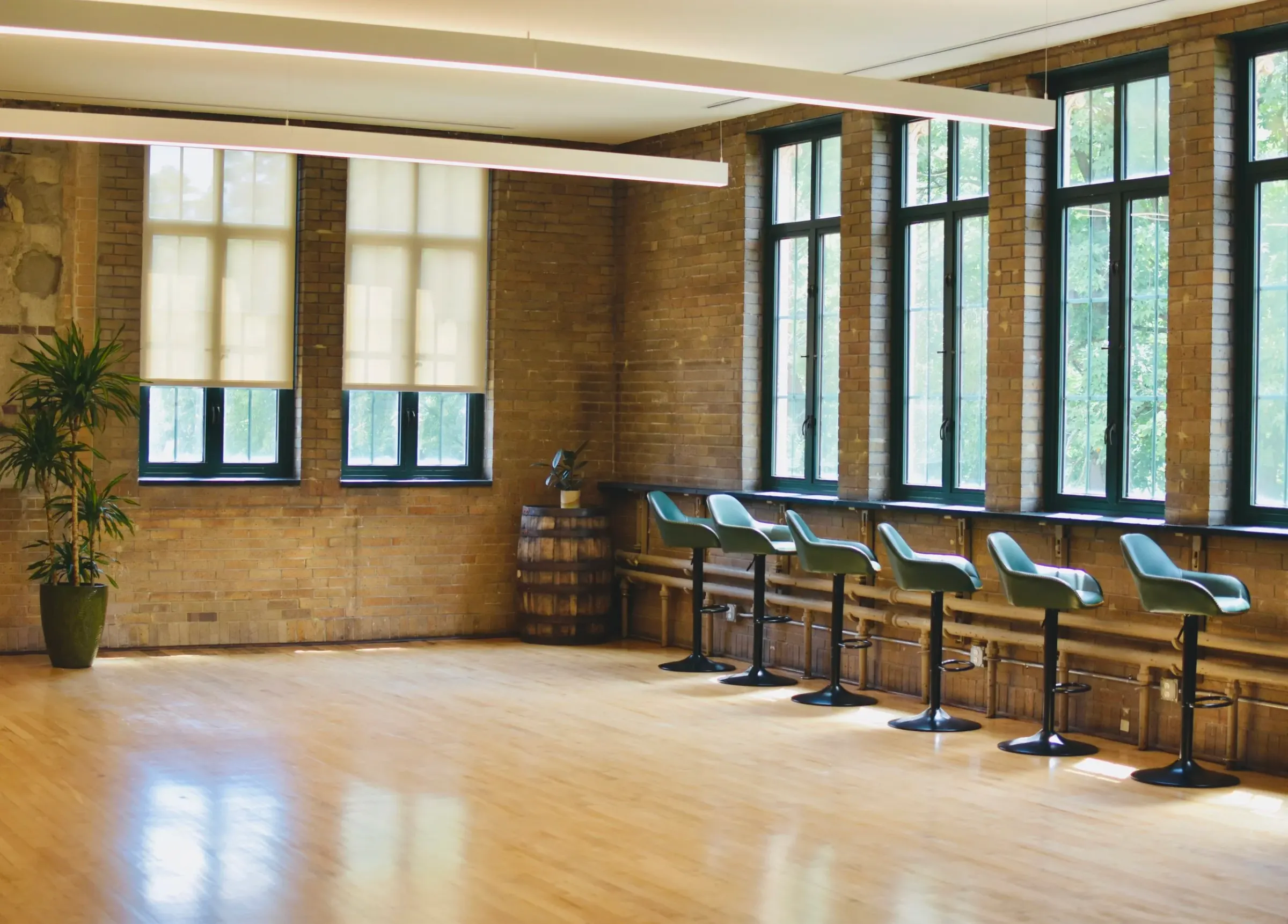 Open event room with wood floors and tall windows at Understory