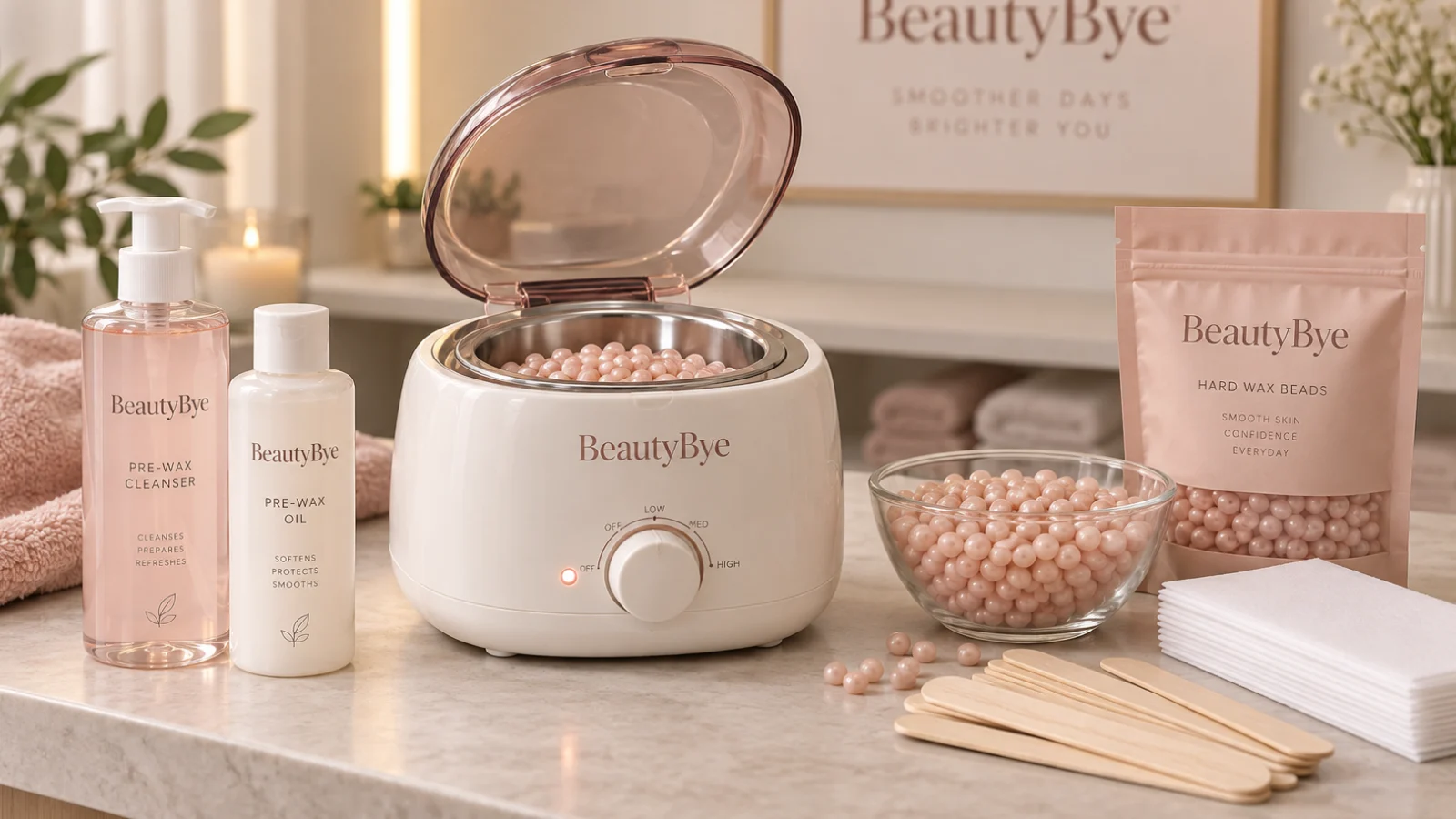 BeautyBye professional wax heater, wax beads and salon consumables in a neutral treatment-room set