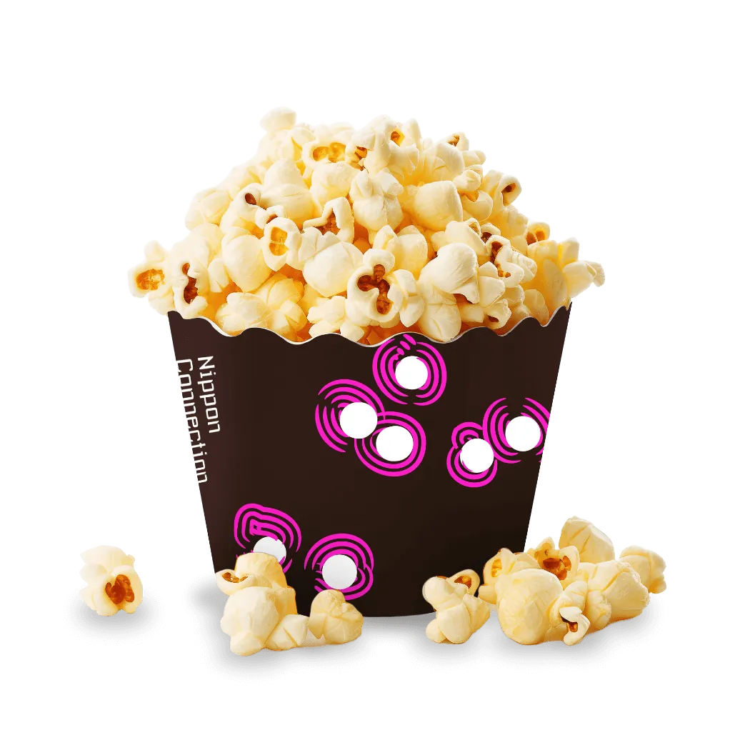 Das Corporate Design auf einer Popcorn-Tüte weitergedacht. Weiße Kreise mit pinken Streifen sehen aus wie einzelne Popcorn.