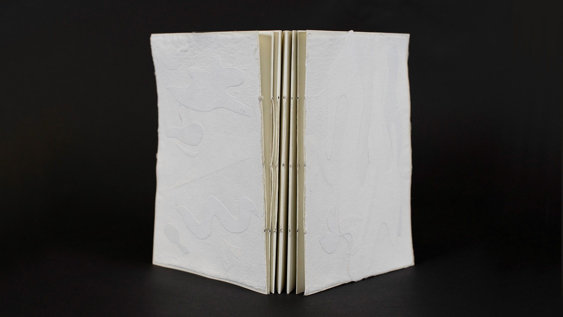 book on black background open to show handmade spine.