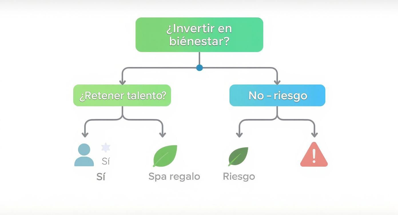 Diagrama de flujo que explora la inversión en bienestar, la retención de talento y las implicaciones de riesgo.