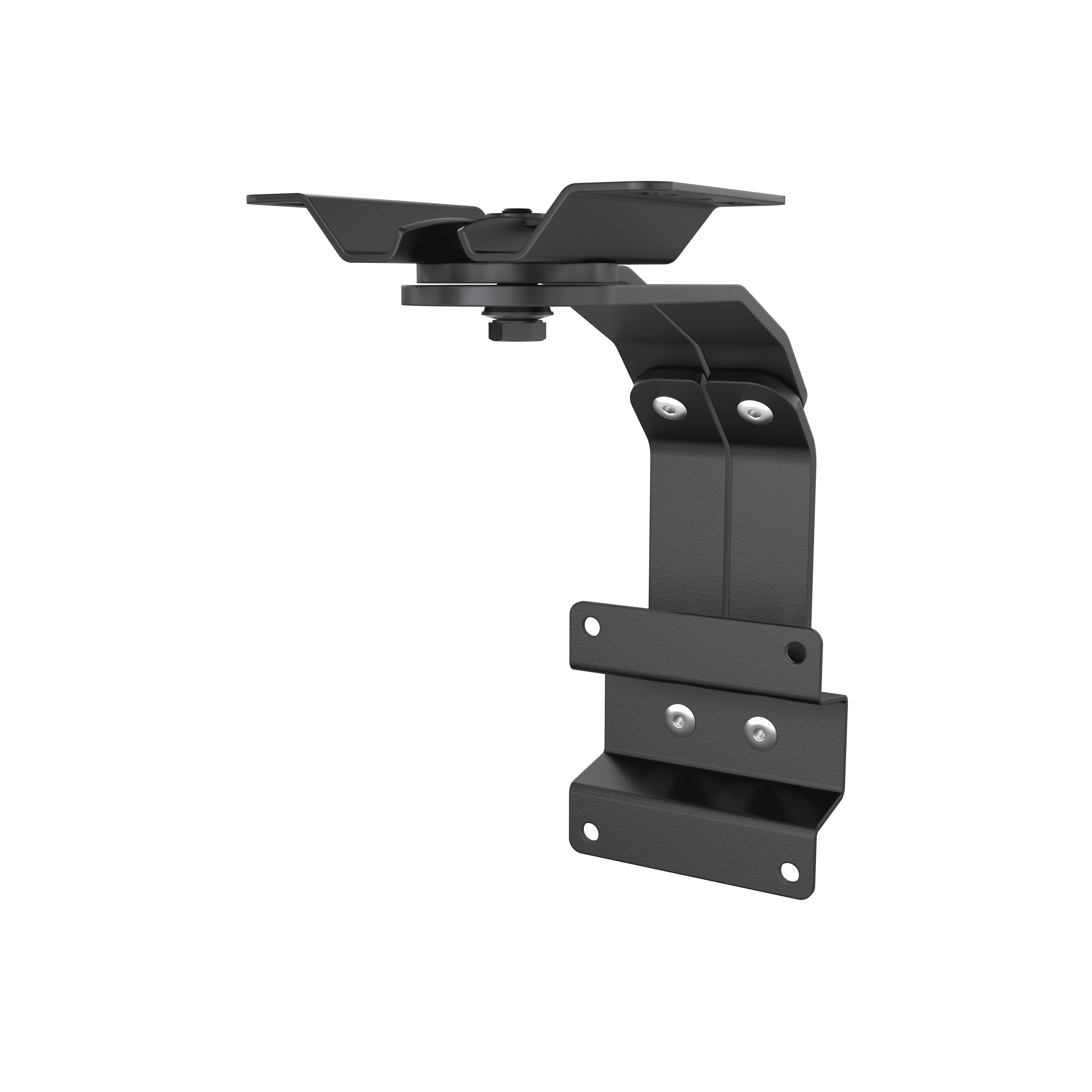 Black metal mounting bracket with adjustable pivot points