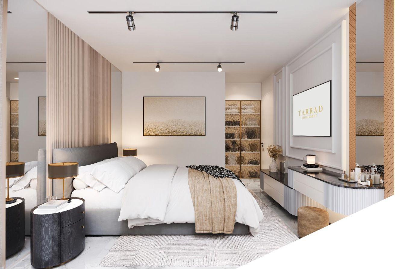 Modern bedroom featuring a bed, desk, and television, designed by Tarrad, titled "Celesto 3."