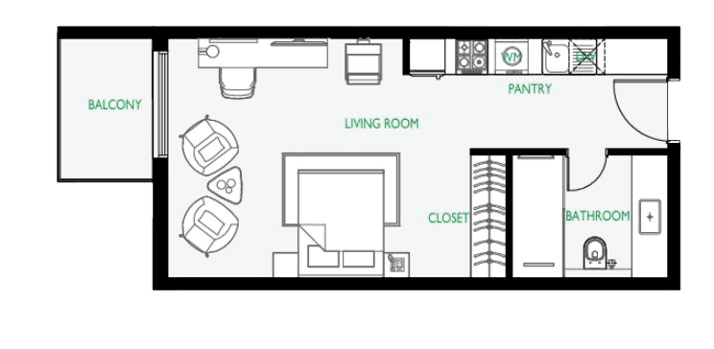 Floor plan of small apartment at The Community Motor City By Aqua Properties: pantry, balcony, living room.