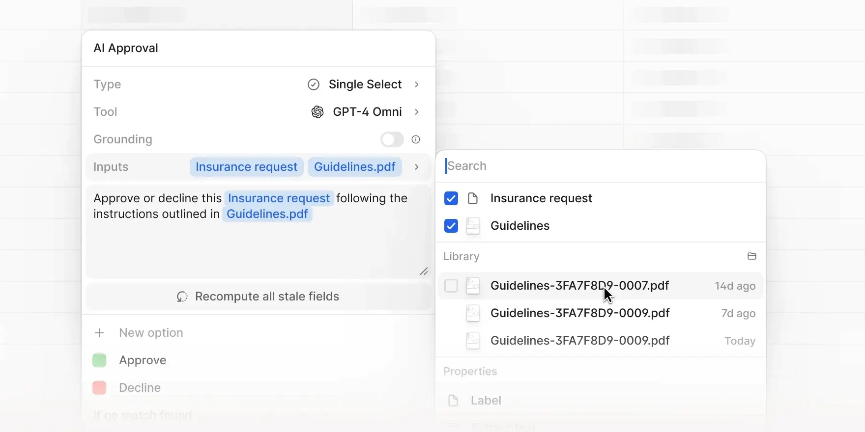 User interface displaying AI Approval settings and document library