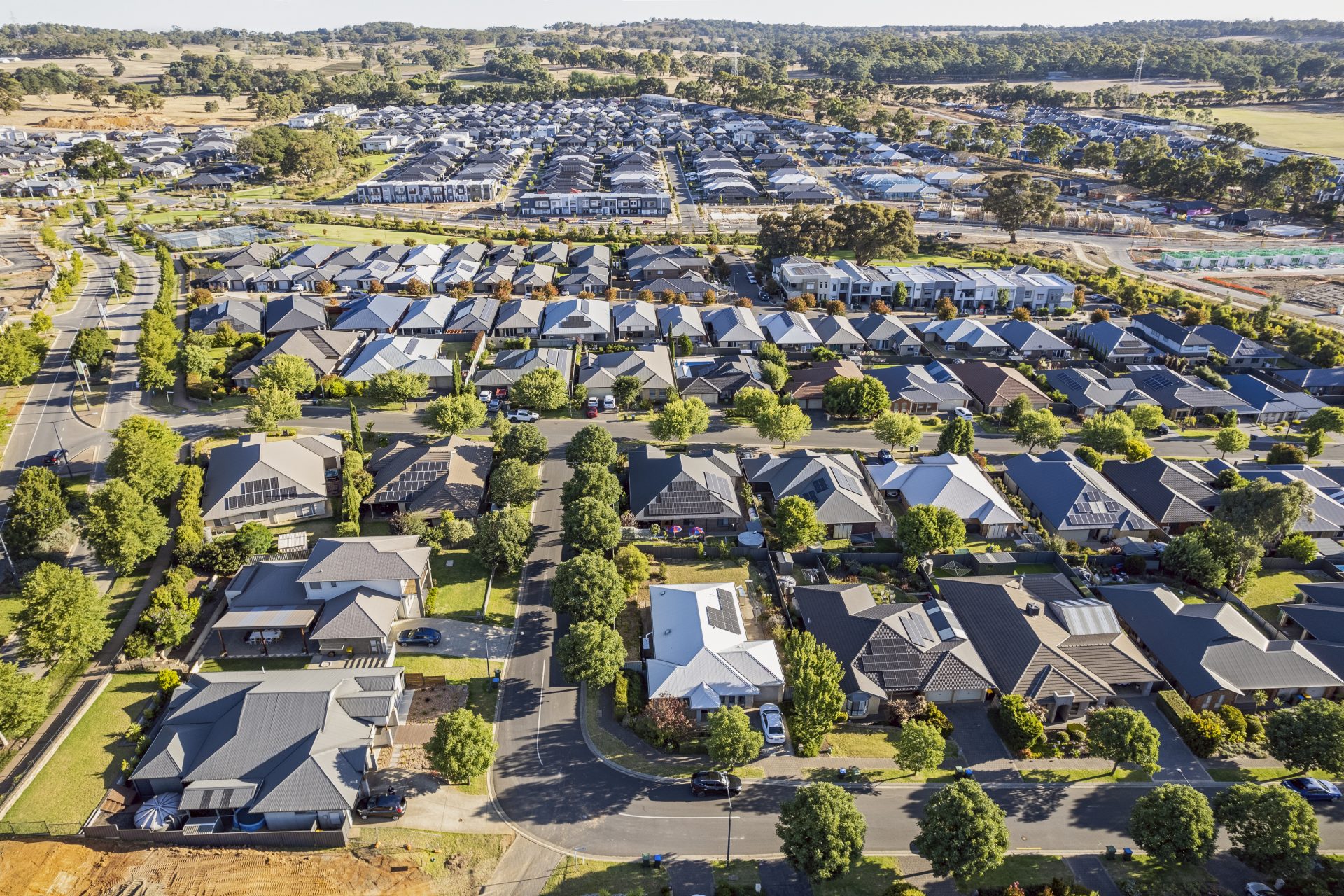Aerial view of a suburban neighborhood with many houses.