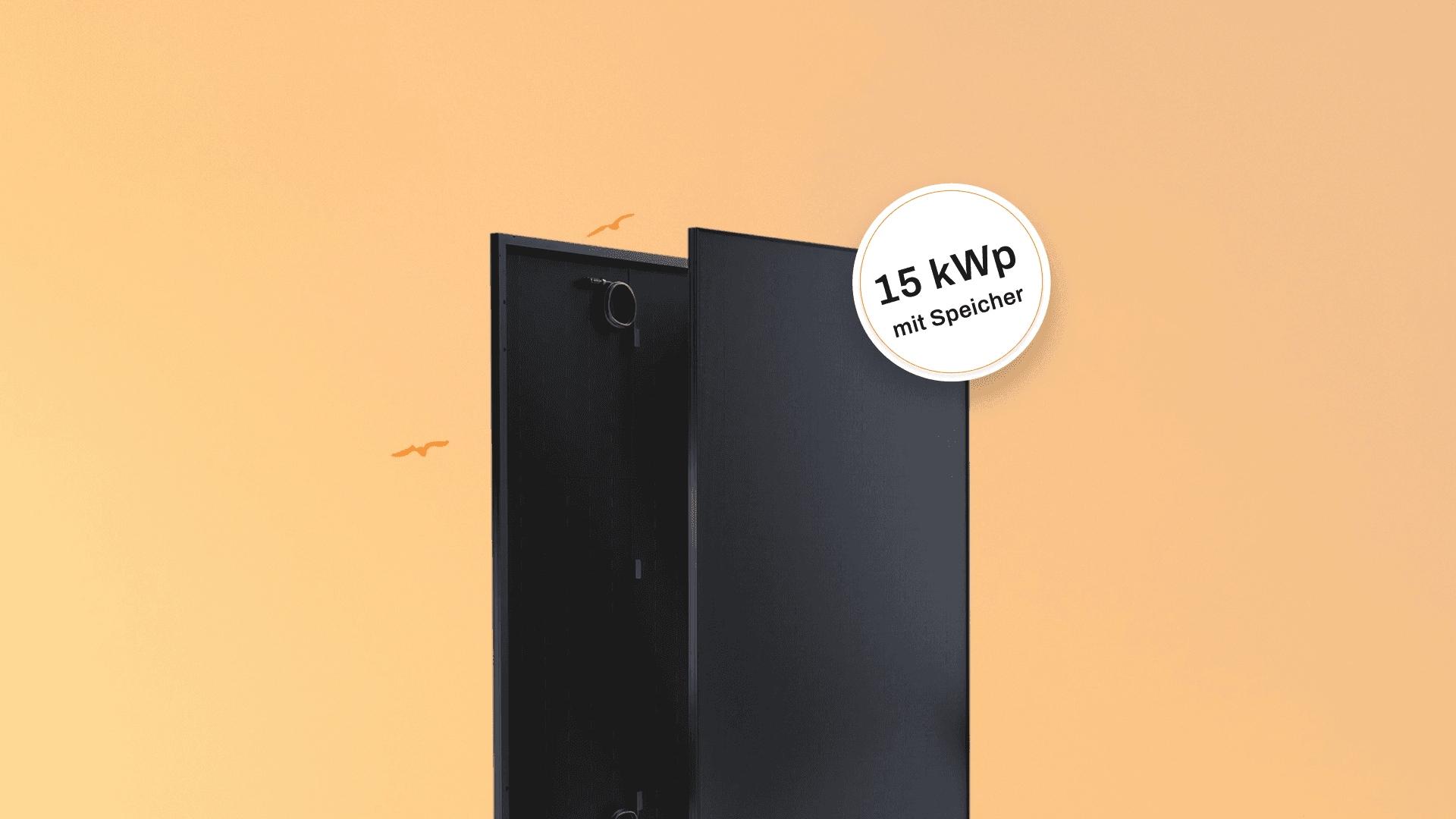 Ein vertikales schwarzes Objekt mit einem runden Etikett oben, vor einem hellorangefarbenen Hintergrund.