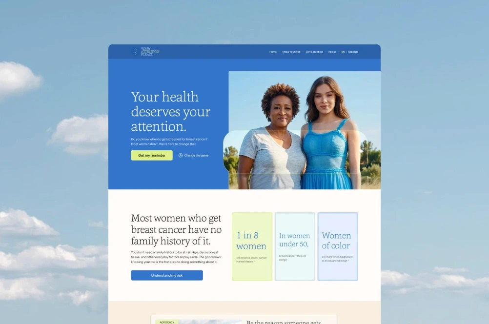 Your Attention Please homepage with high-contrast blue and cream sections, layered over a sky background.
