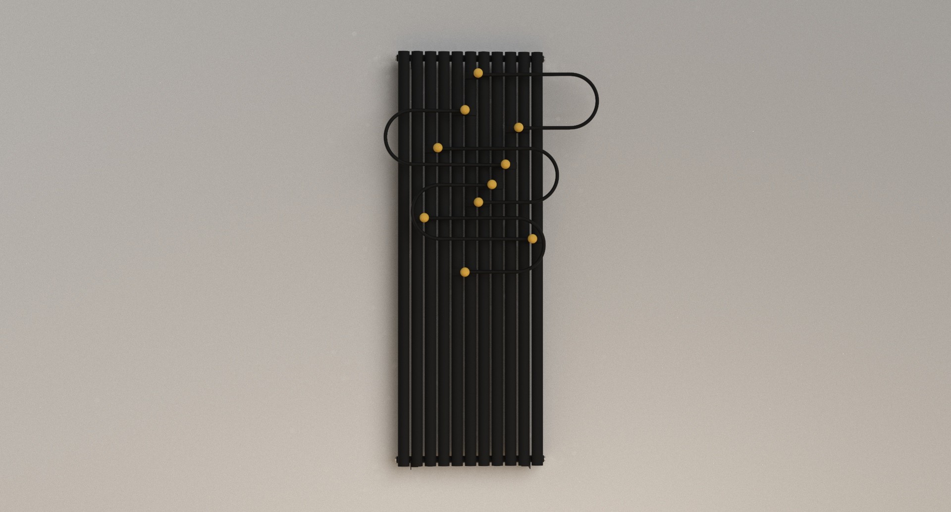 Modern vertical wall-mounted coat rack with a minimalist design and spherical yellow  hooks on a neutral background.