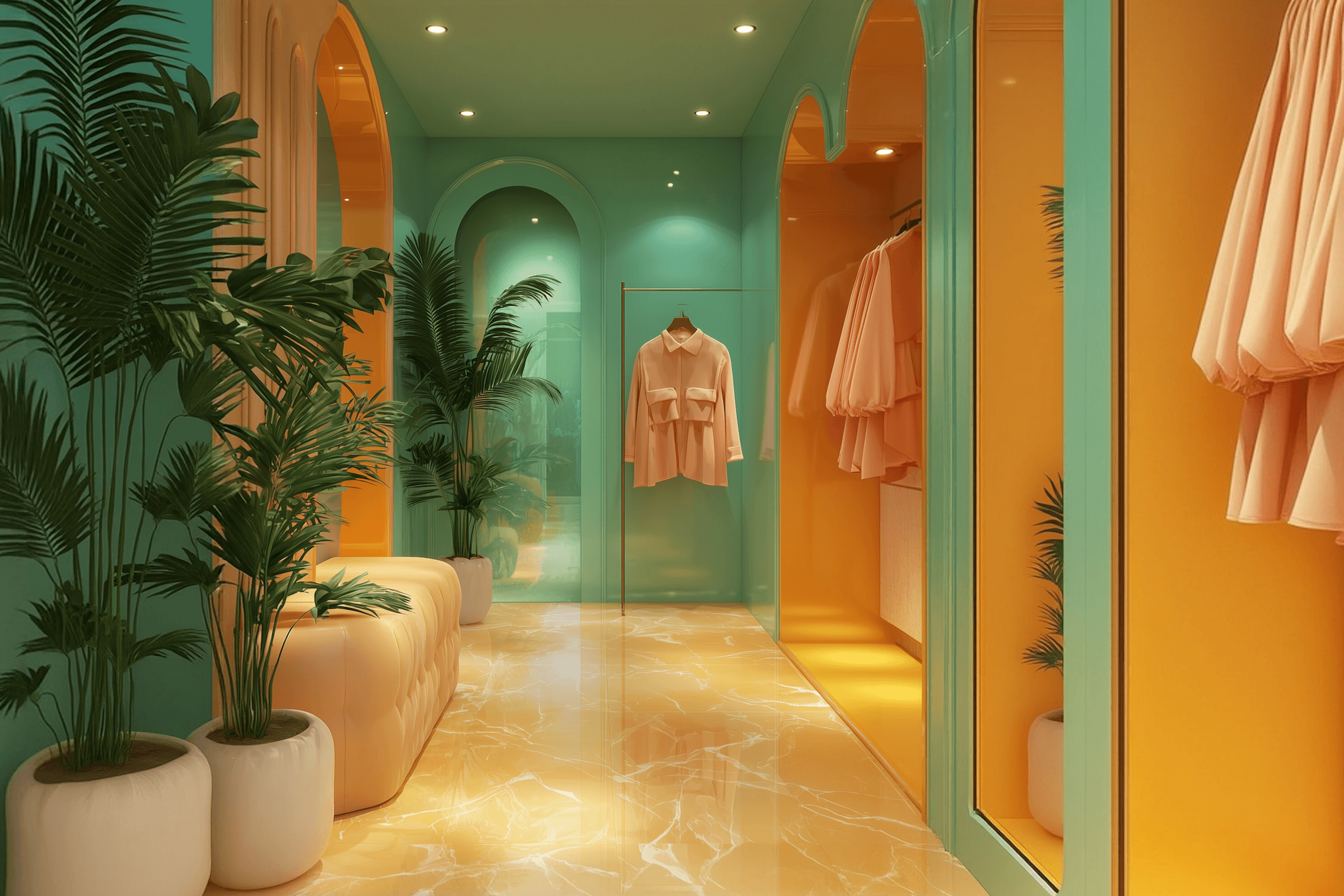 Yellow and green theme changing room with plants