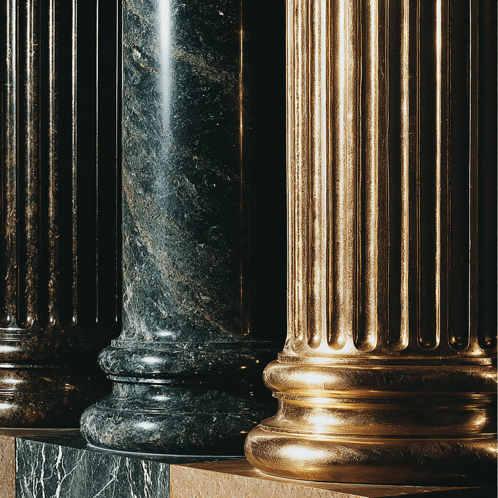 A row of ornate columns, featuring a striking golden fluted pillar next to a dark green marbled one, conveying strength.