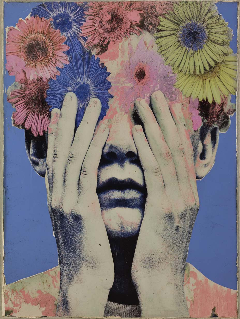 Surreal portrait of a man covering his face with blooming flowers, symbolic creative expression.