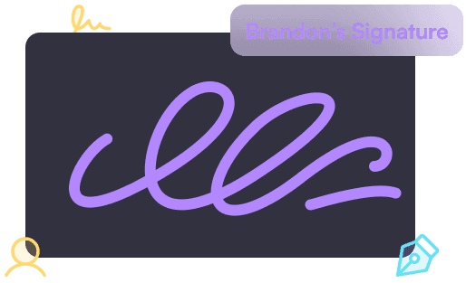 A purple digital signature in a dark box labeled "Brandon's Signature," surrounded by small yellow and teal icons for a user and a fountain pen.