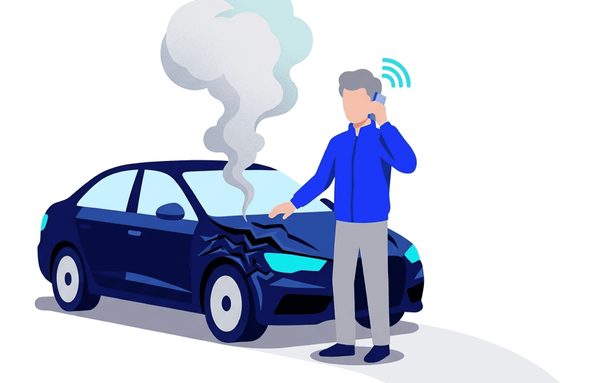 Car accident scene with person on phone