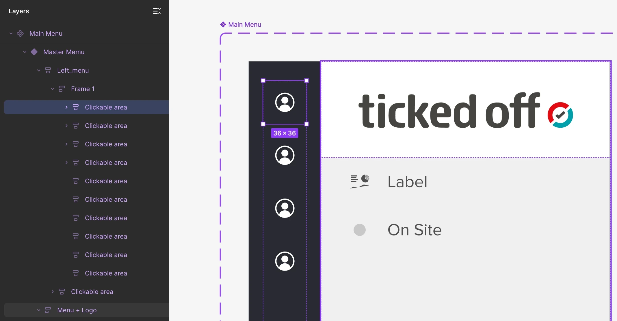 Figma layers panel for the Master Menu component: Left_menu, Frame 1, a column of Clickable area layers, and Menu + Logo, next to the selected 36 by 36 clickable area on the canvas.
