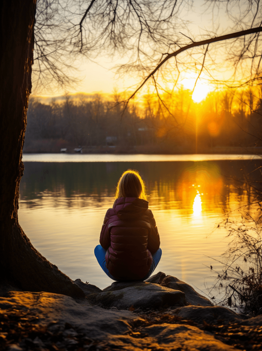 Rear view of woman meditating by a lake at sunset.
