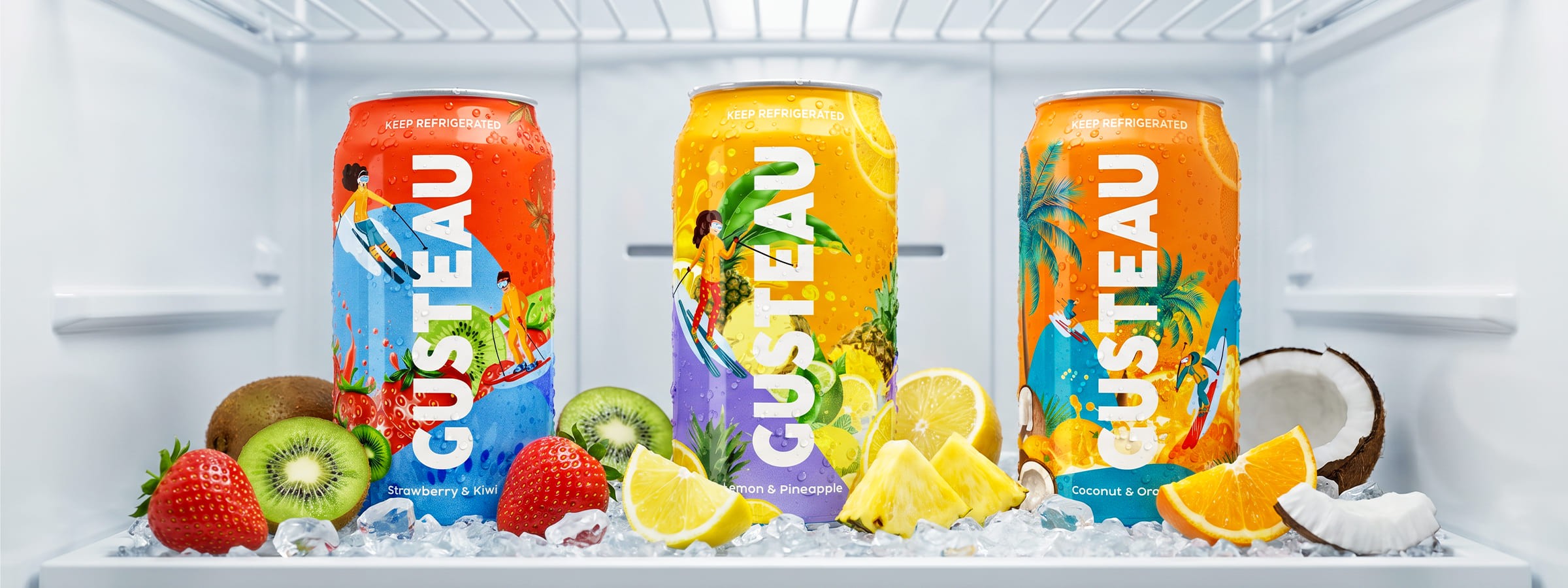 Gusteau beverage brand identity and soda can packaging design with colorful illustrated fruit flavors