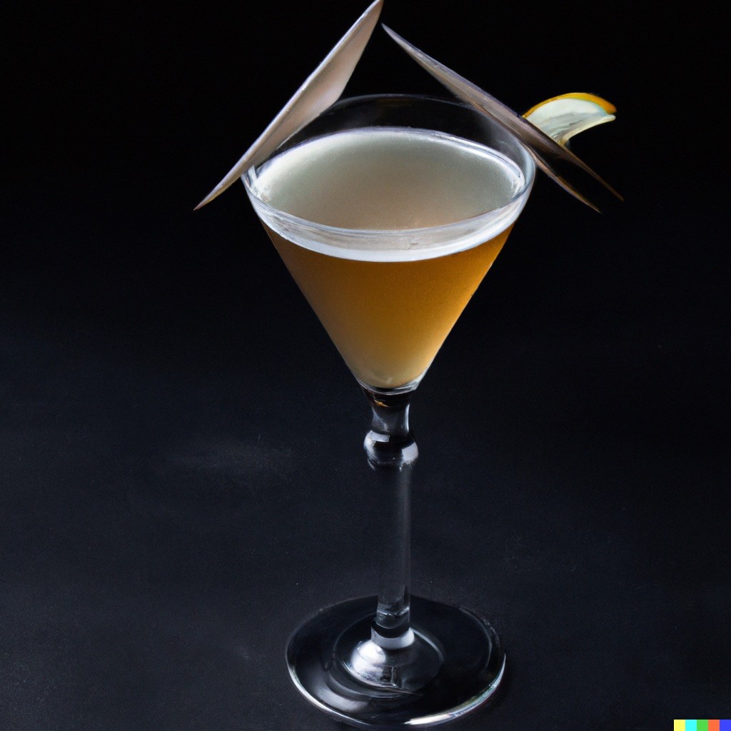 A martini glass filled with a light brown cocktail, garnished with a lemon twist and triangular chocolate shards against a dark background.