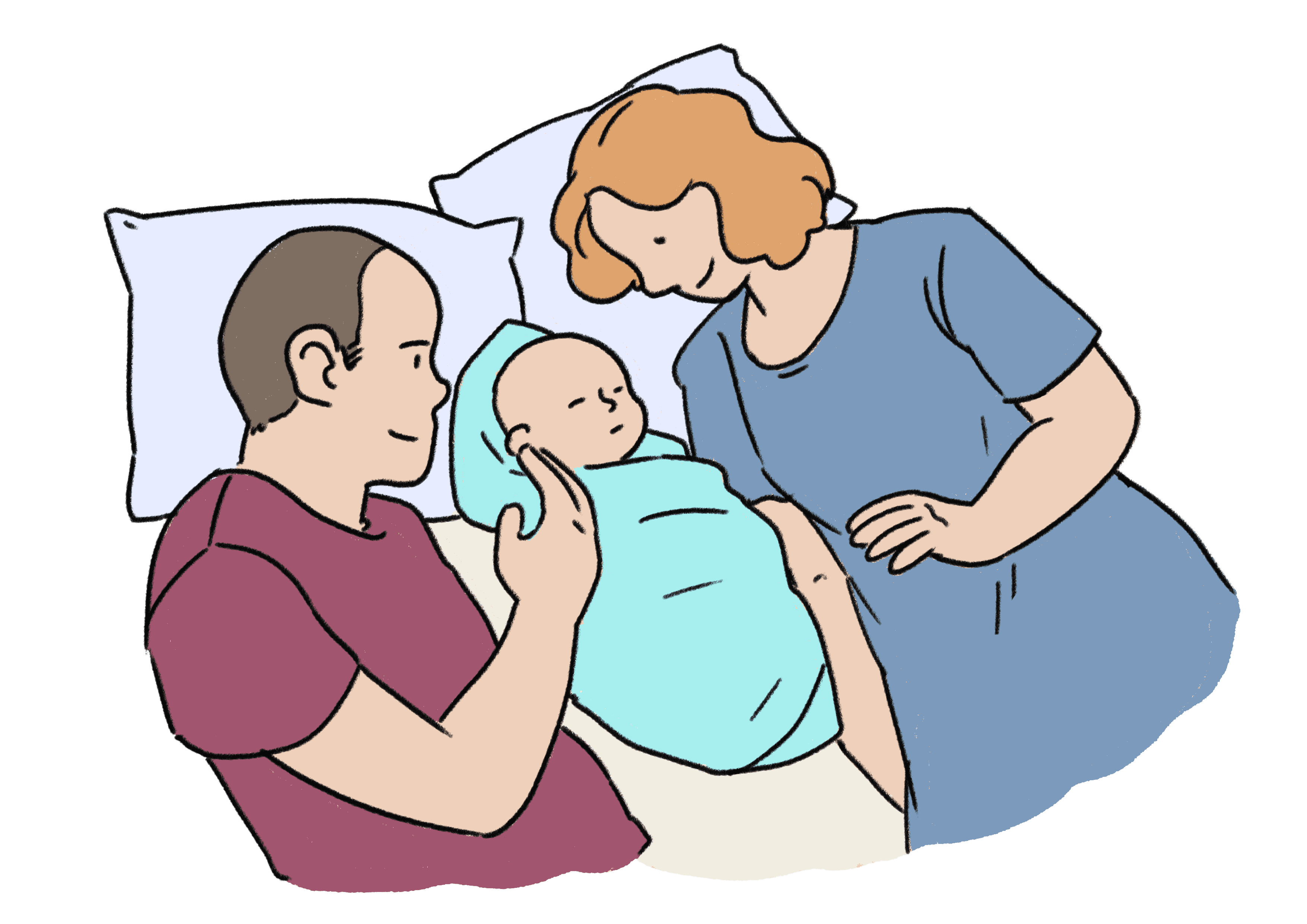 An illustration of a mother and father lying on a bed either side of their swaddled baby.
