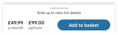 The sticky summary bar in its collapsed state — price and Add to basket only.
