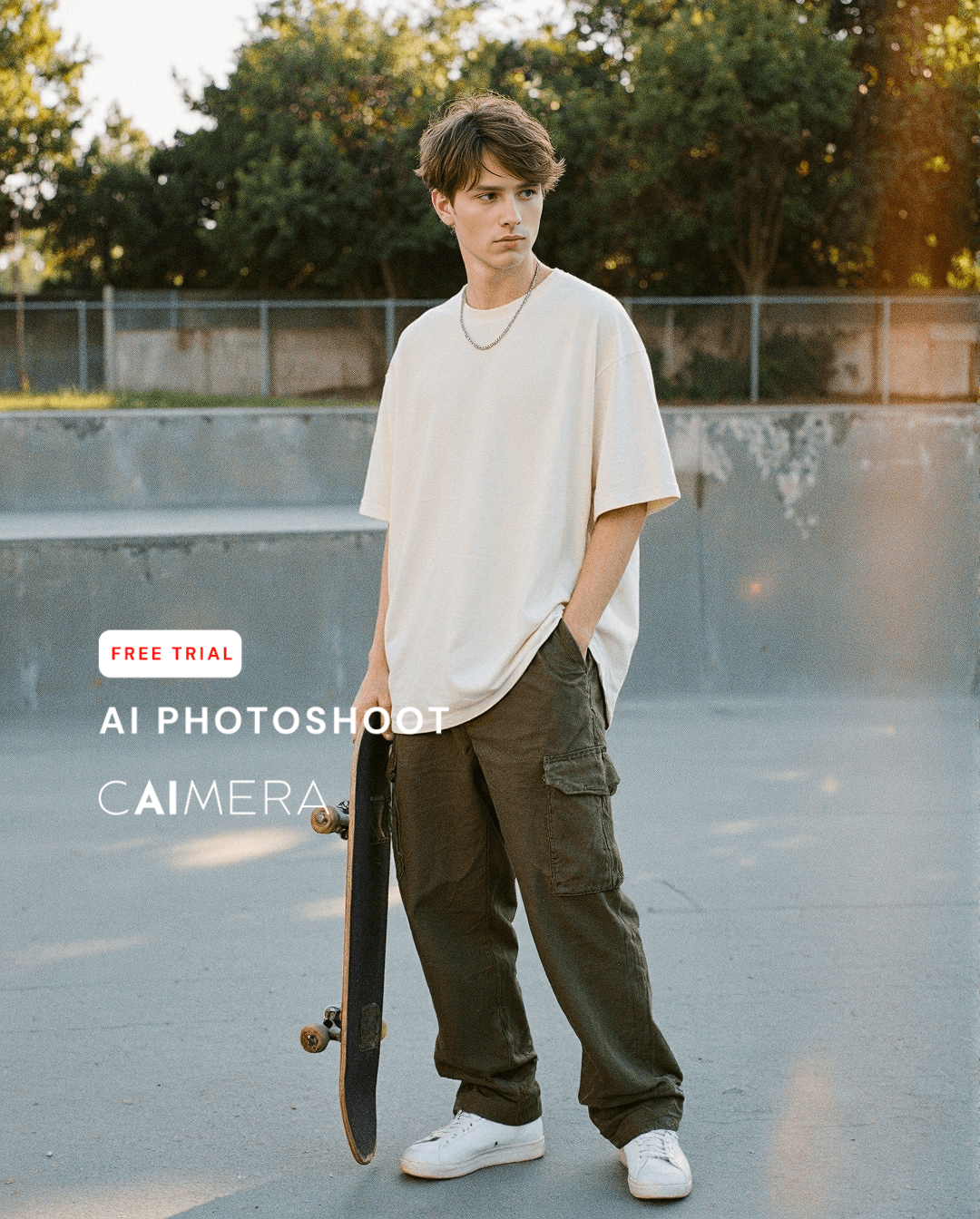 Stylish skateboarder in oversized white t-shirt and olive cargo pants standing at skatepark in golden hour lighting