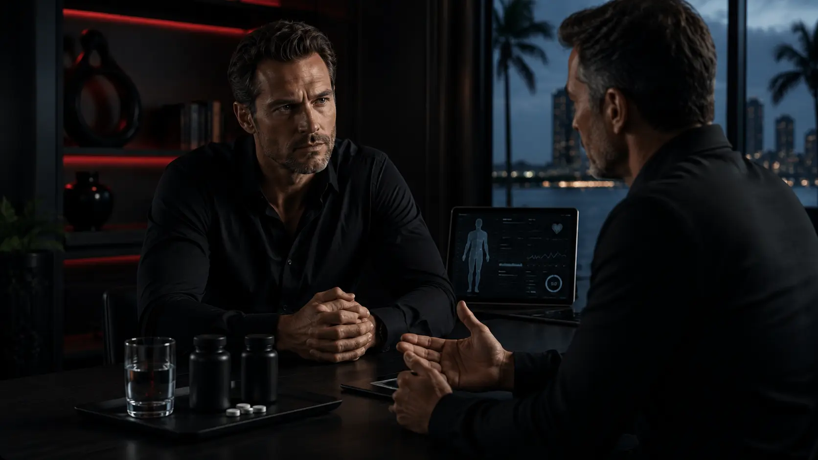 Two men talking across a table in a dimly lit room