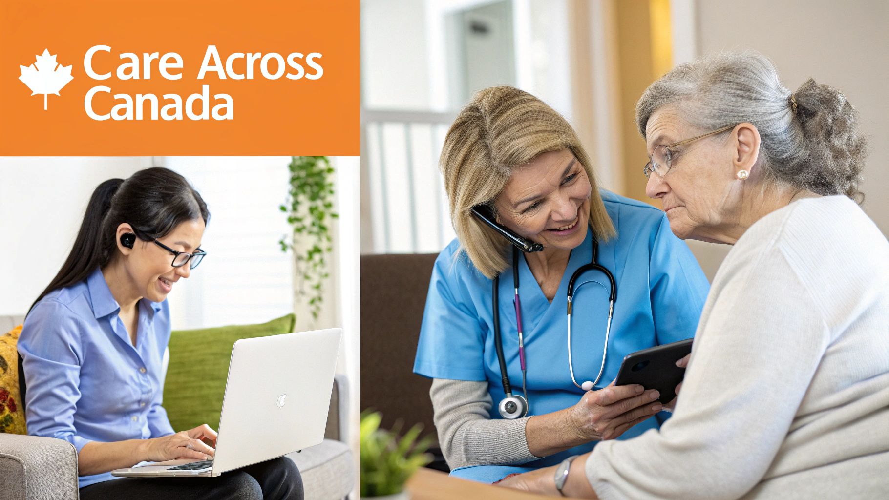 Diverse healthcare professionals provide remote and in-person care across Canada, utilizing technology.