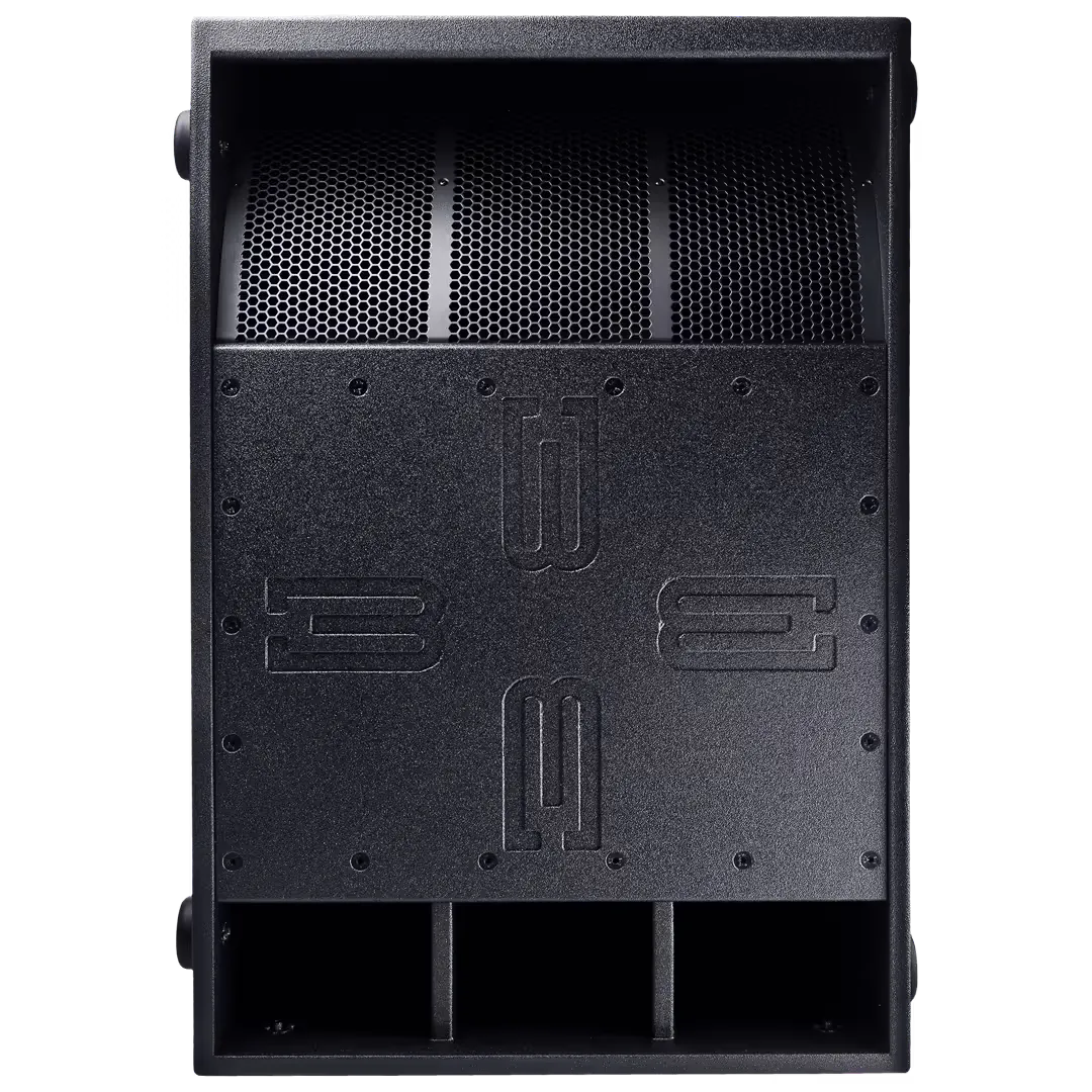 Black speaker cabinet with hexagonal grill and embossed logo