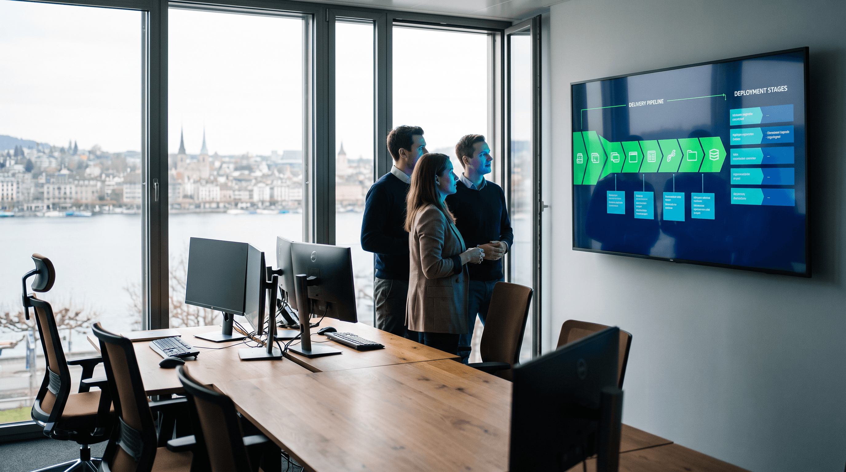 Team im Schweizer Tech-Büro betrachtet eine CI/CD-Pipeline mit Teststufen auf einem Wandbildschirm