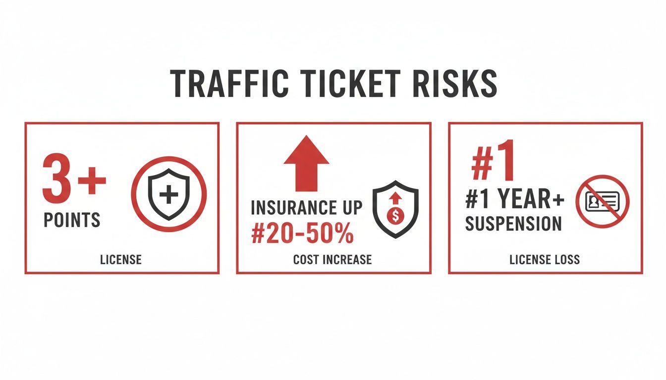 Infographic illustrating traffic ticket risks including license points, insurance increase, and license suspension.