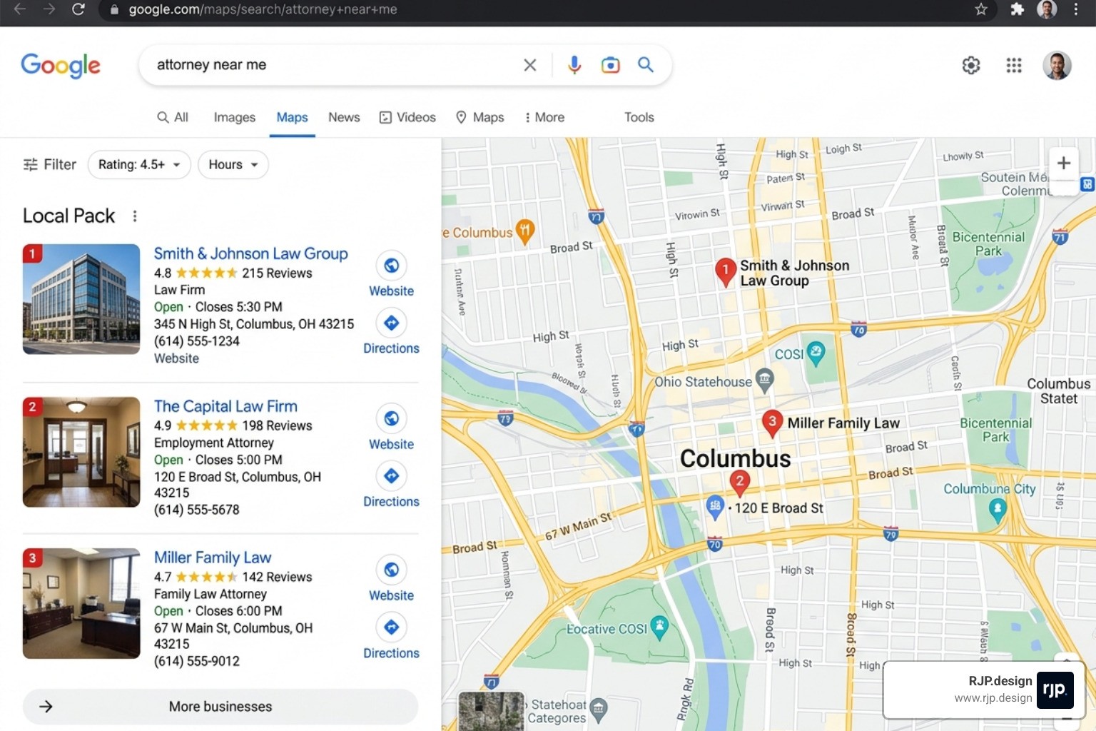 A Google Maps search result for "attorney near me" showing the top three local law firm listings - Local SEO for legal firms
