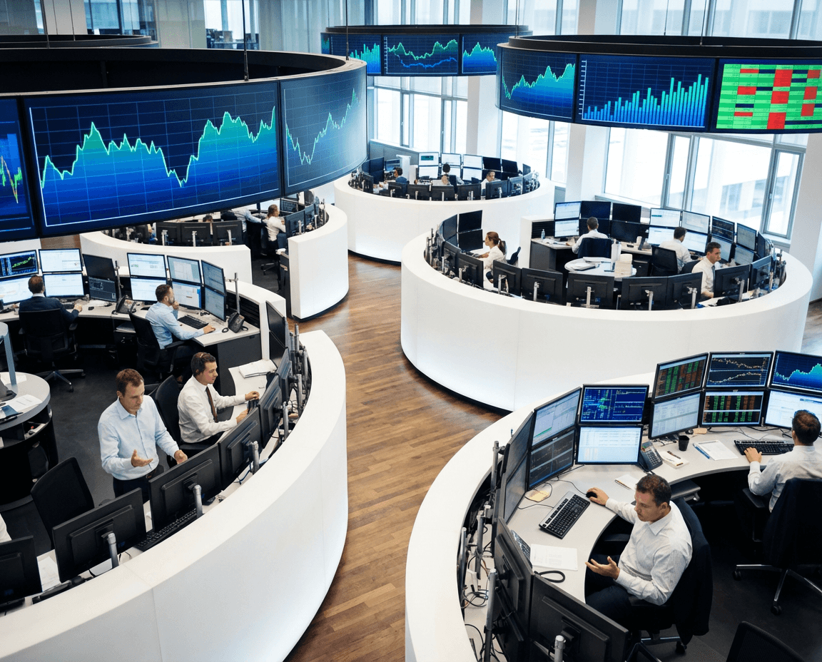 European stock market trading floor with dynamic screens