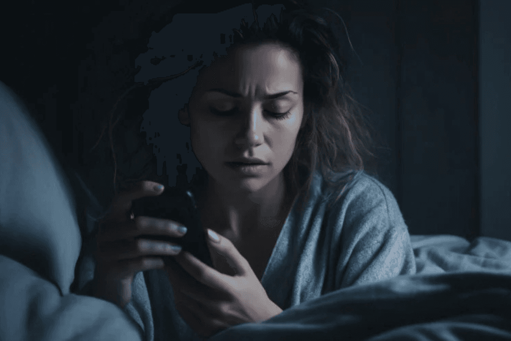 upset woman can't sleep with phone in bed