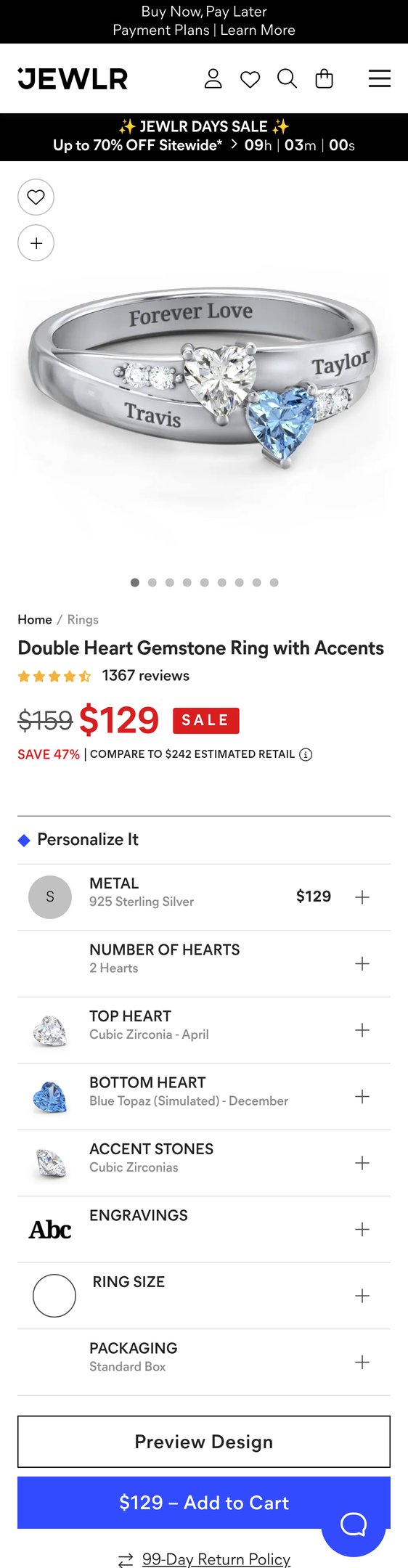 Jewelry product options include: ring for Sterling Silver Double Heart Gemstone Ring with Accents from Jewlr.