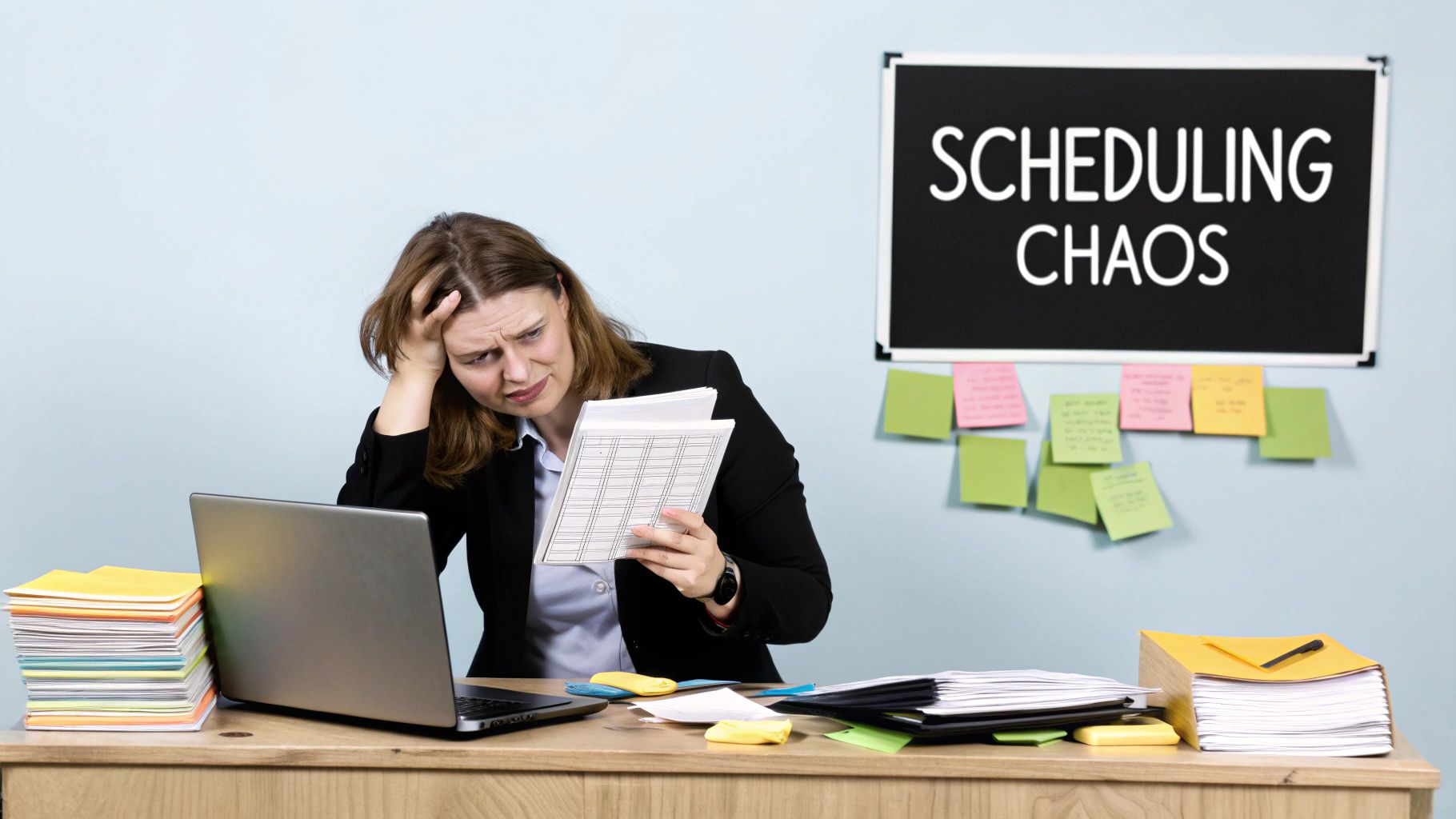 A stressed woman at a messy desk struggles with scheduling chaos and paperwork.