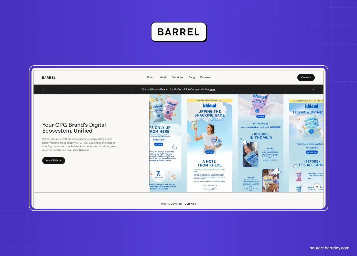 Barrel website showcasing a digital ecosystem for consumer brands, with social media and campaign content displayed across multiple panels.