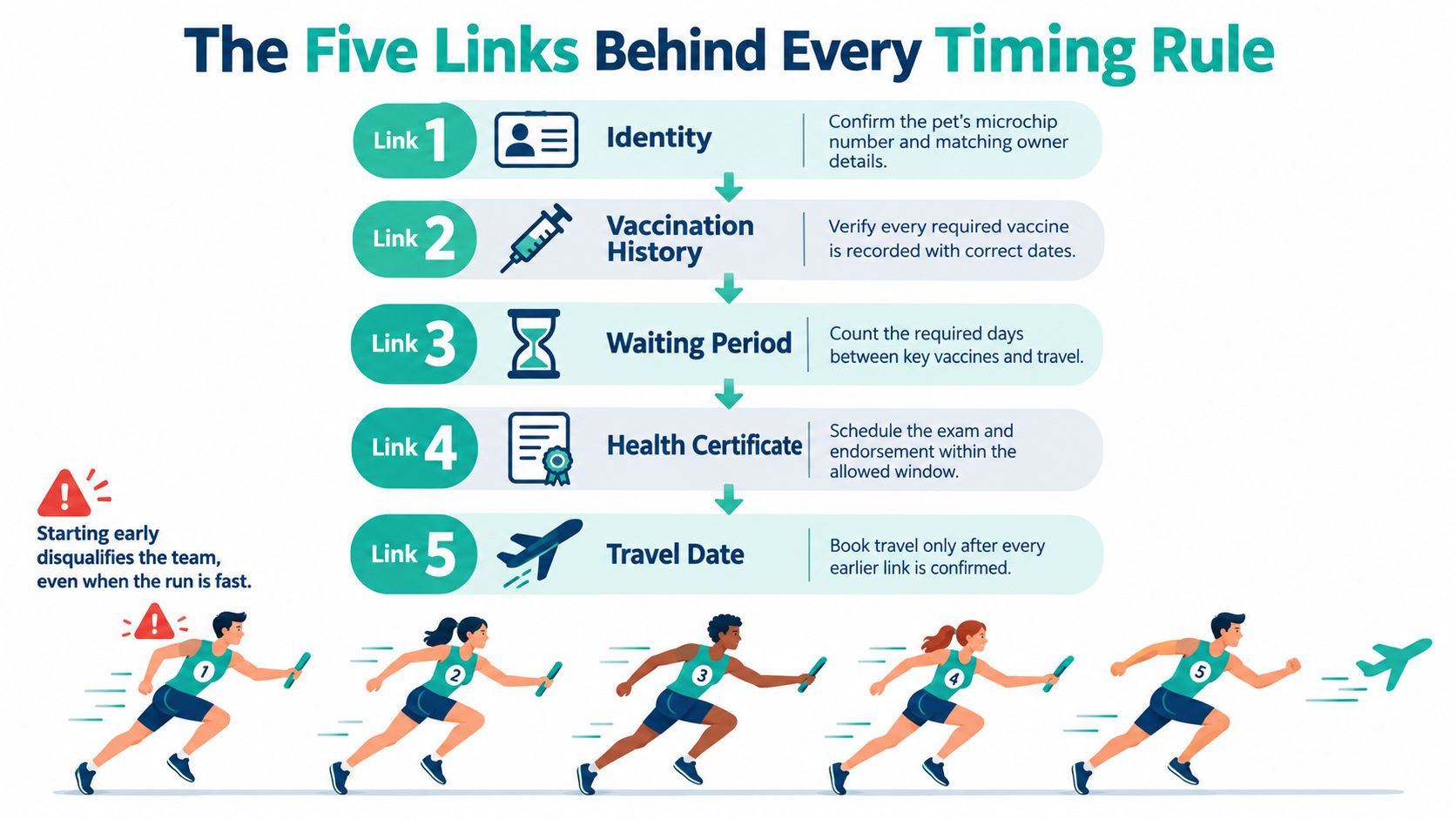A relay race infographic illustrating the five essential steps for successful international pet travel preparation.