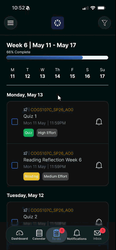 Walkthrough of the redesigned to-do list