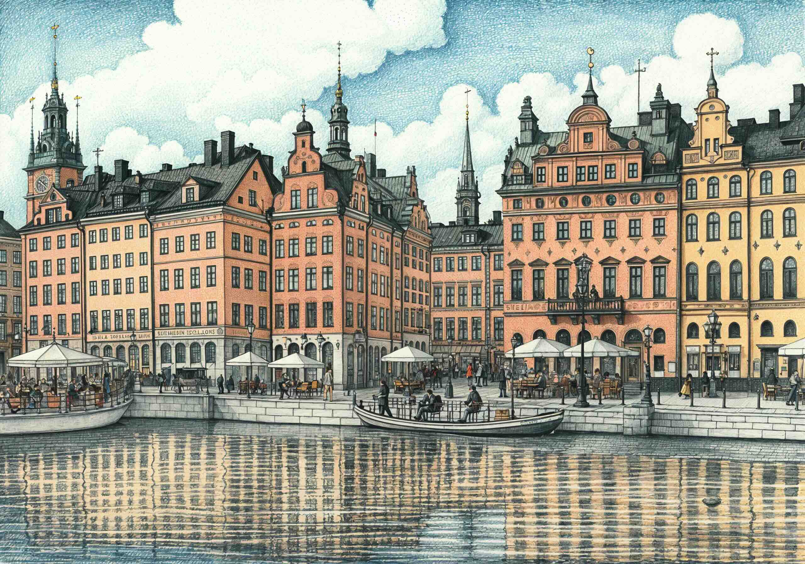 A detailed illustration of Stockholm, Sweden, featuring colorful historic buildings along the waterfront, with outdoor cafés, boats, and reflections in the water.